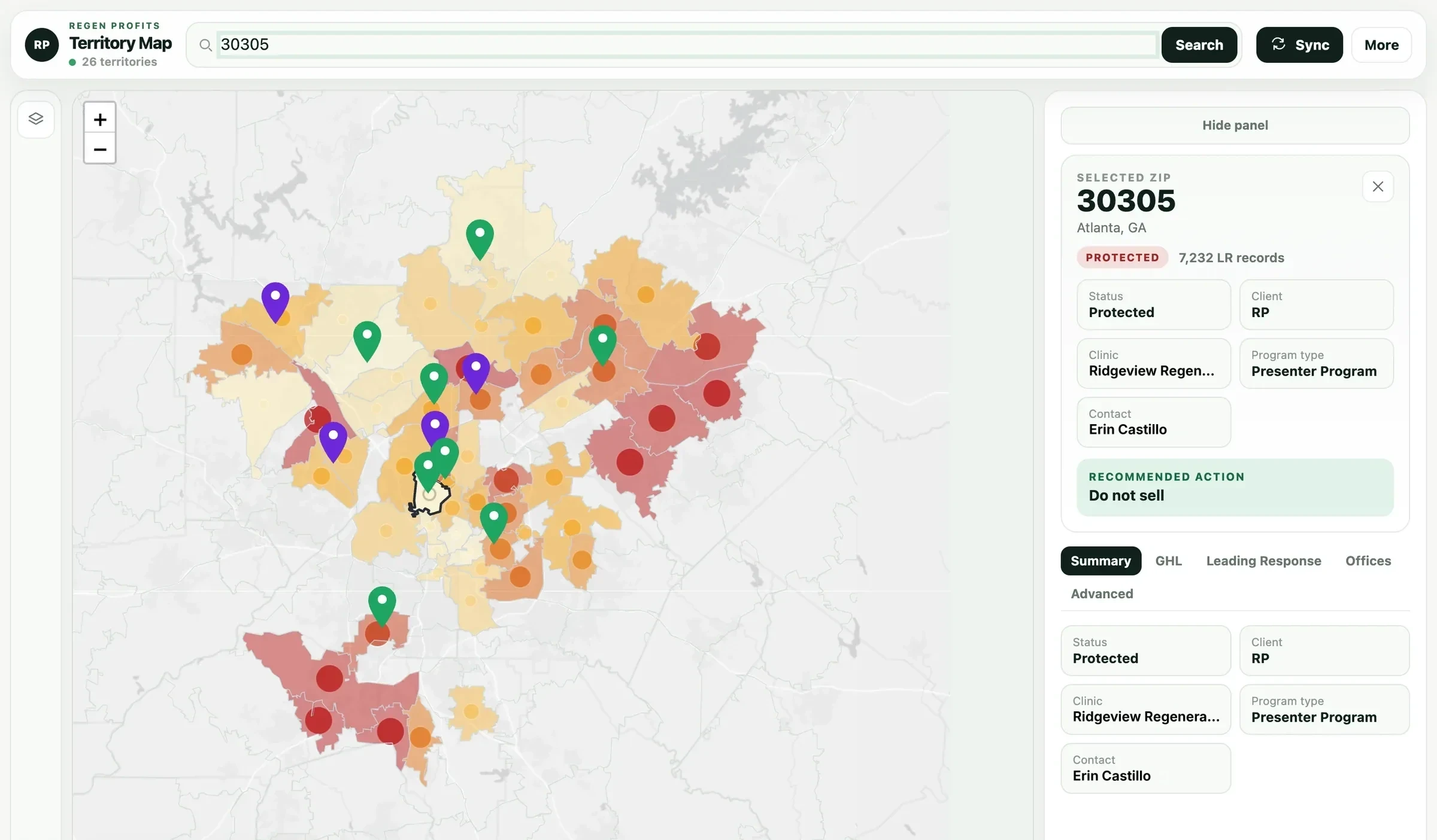 Territory map with ZIP-level coverage shading, location markers, and a territory detail panel