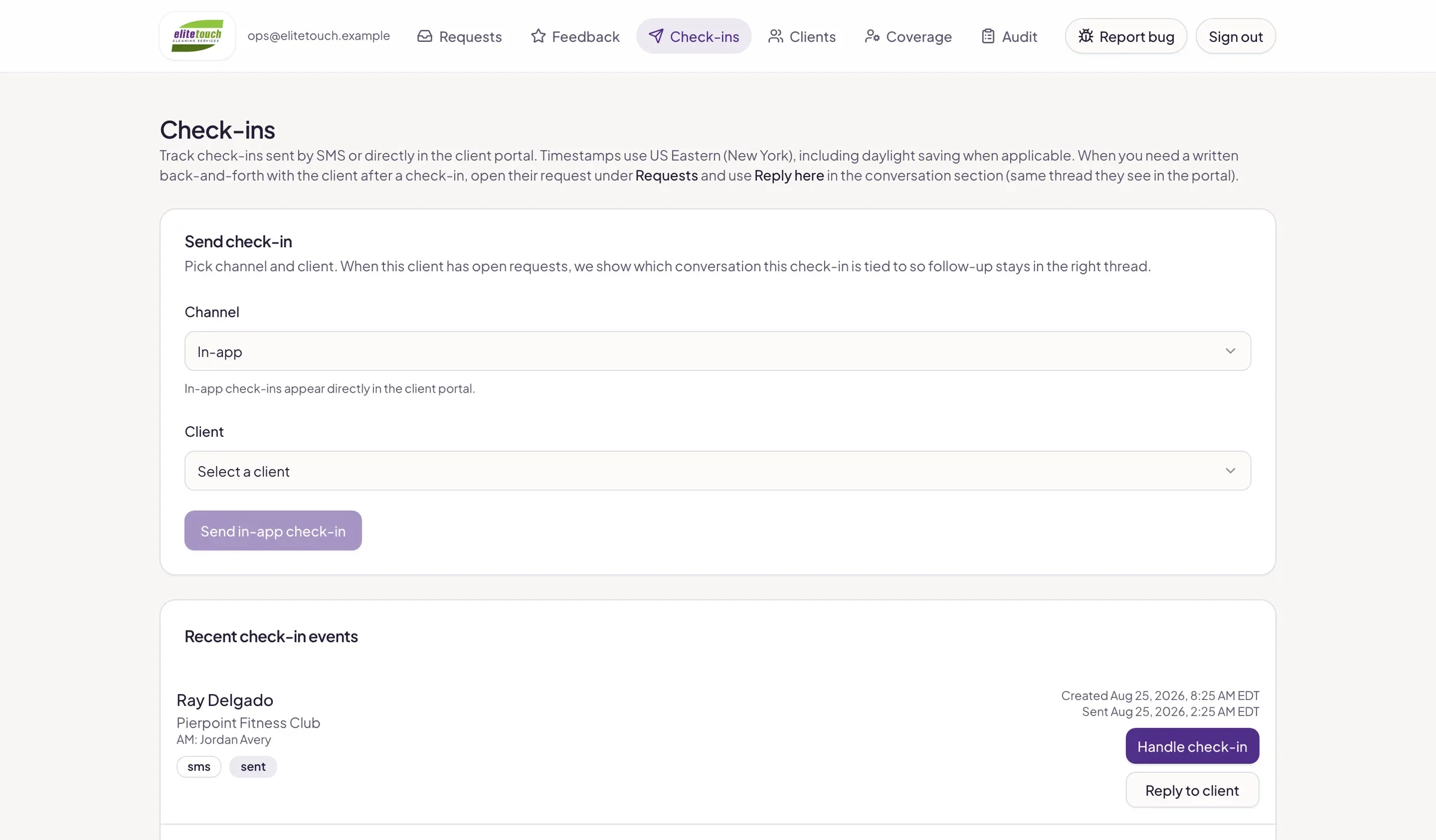 Check-ins screen for sending an SMS or email check-in to a client and reviewing recent replies