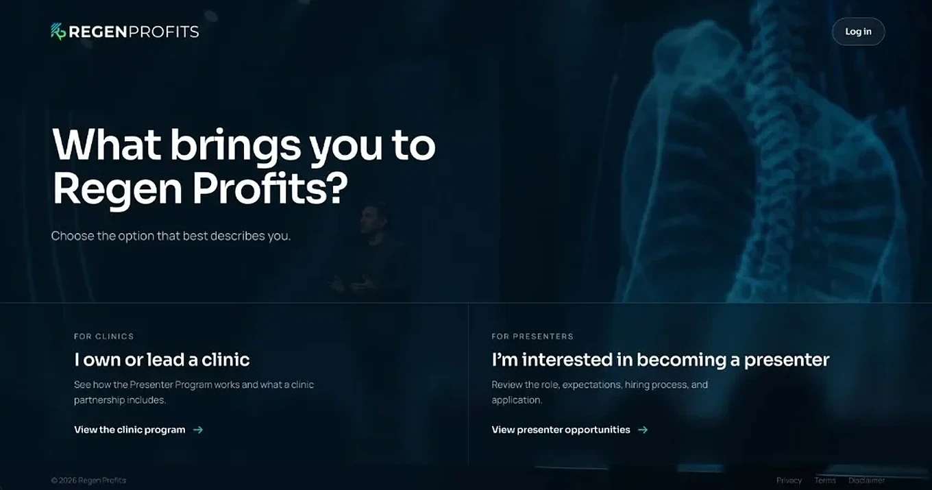 Regen Profits website entry screen splitting visitors into clinic and presenter paths