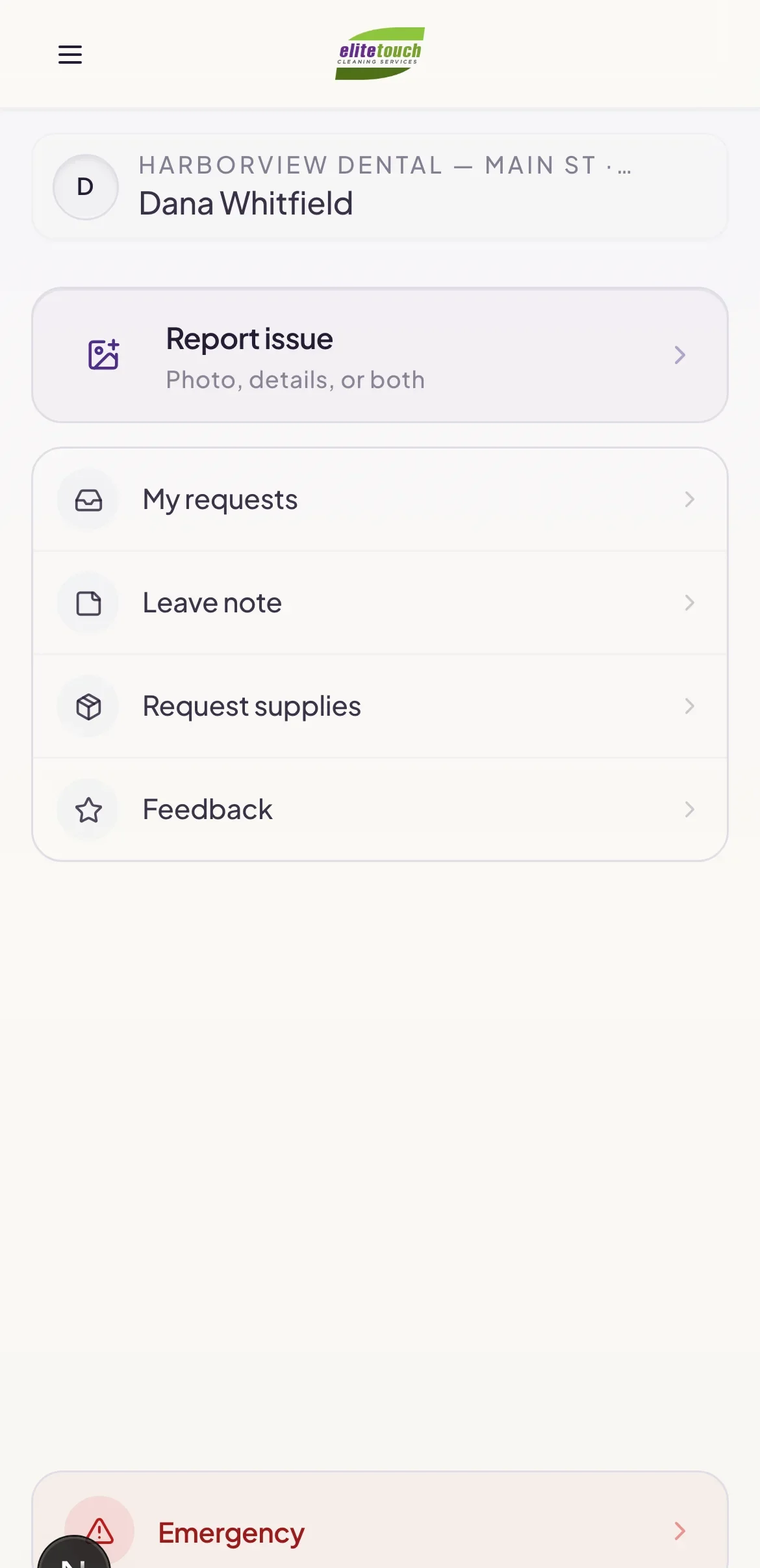 Client portal home on a phone with requests, messages, and an emergency button
