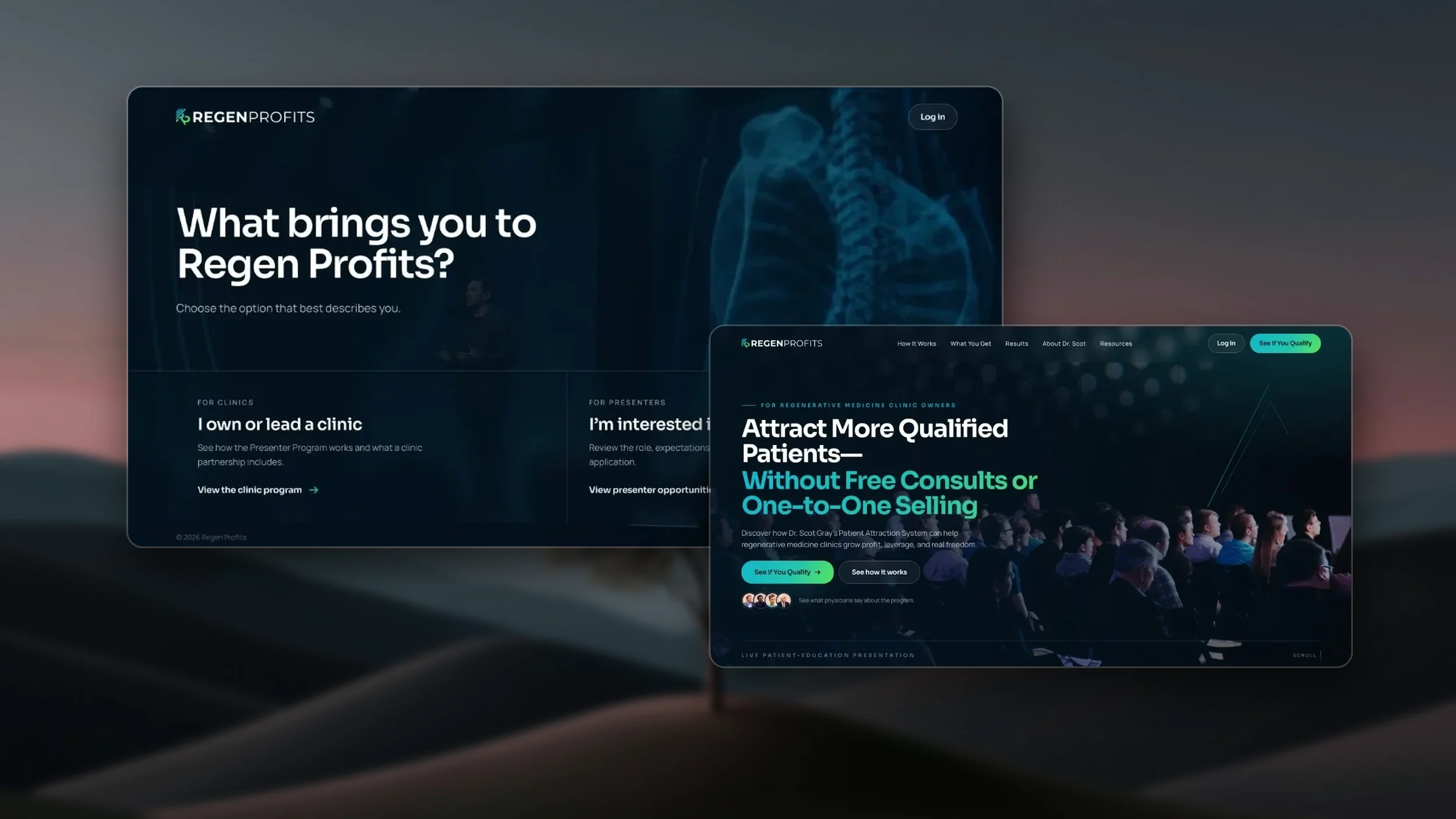 Regen Profits website built by Cape Fear Web Co: a gateway page for clinic owners and presenter candidates, and the clinic program page