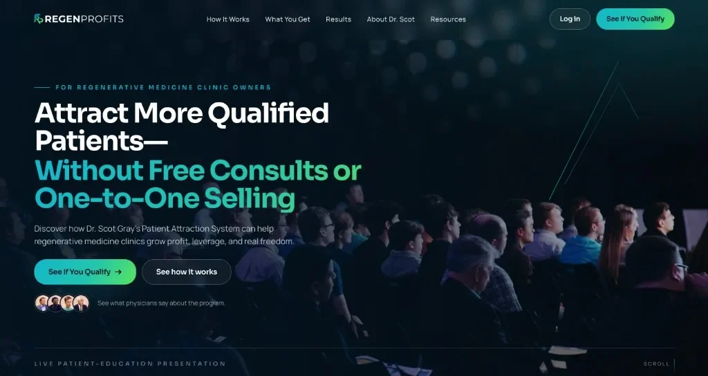 Regen Profits clinic program page with headline, supporting copy, and calls to action
