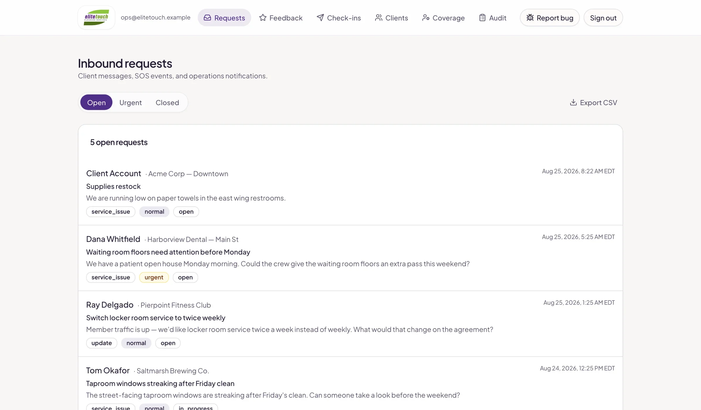 Inbound client requests queue with open, urgent, and closed filters and CSV export